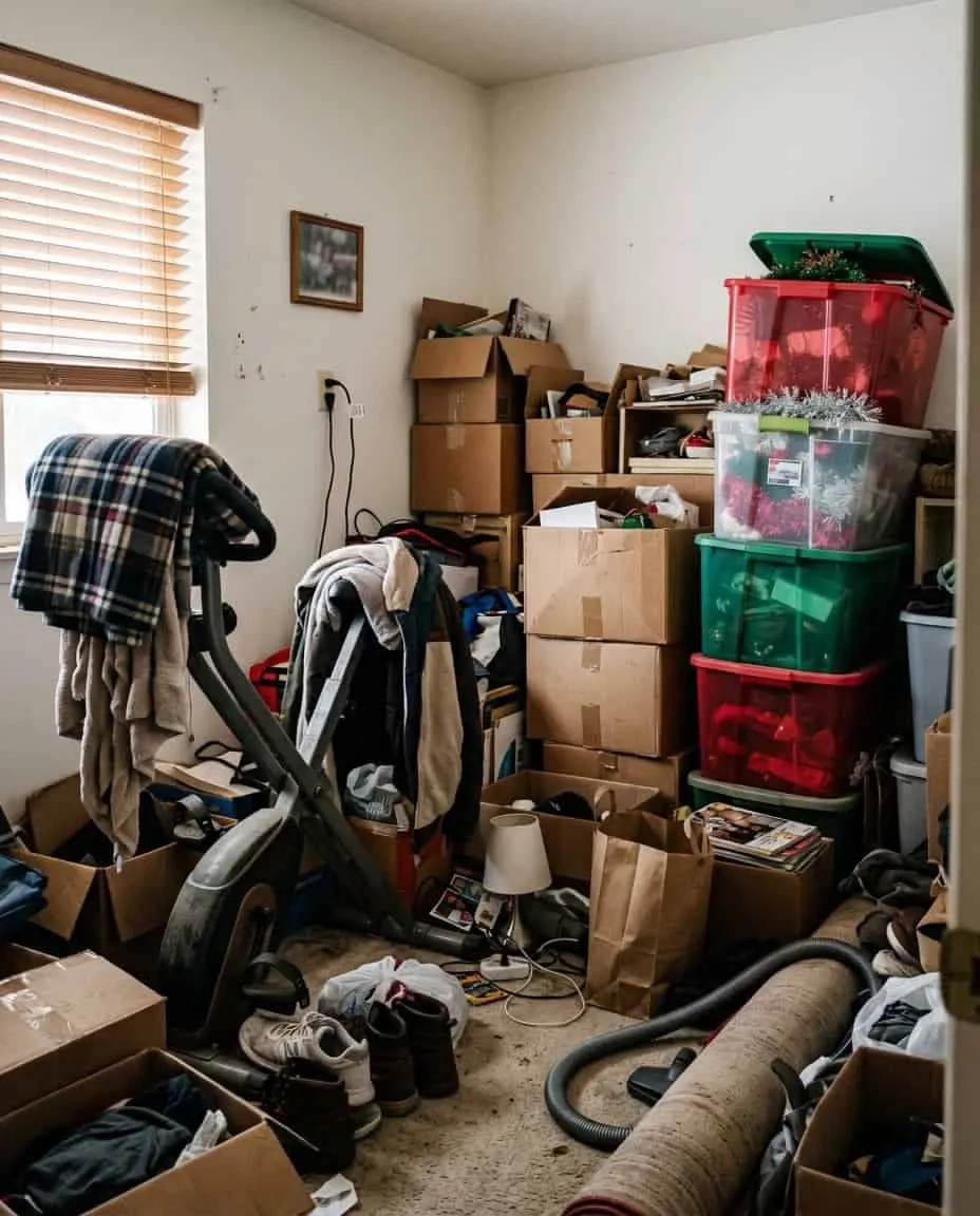 Habitación llena de cajas, ropa y objetos acumulados